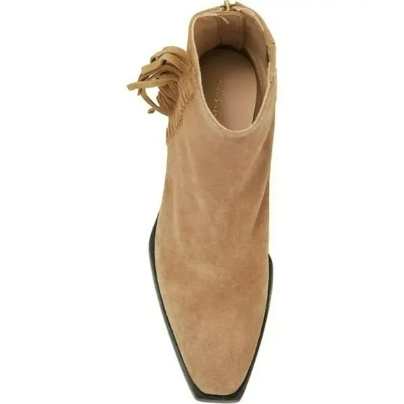 All Saints Shoes Womens 8 Layla Cognac Sand Suede Fringe Zip Ankle Booties NIB