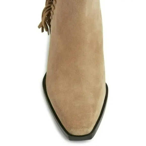 All Saints Shoes Womens 8 Layla Cognac Sand Suede Fringe Zip Ankle Booties NIB