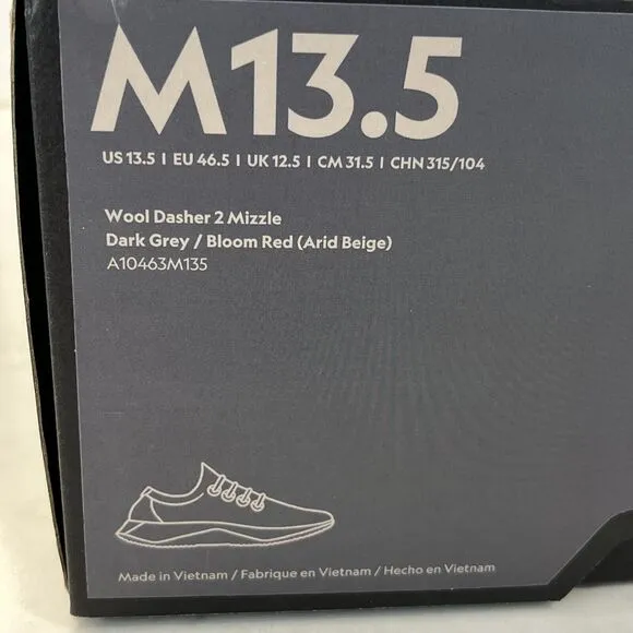 Allbirds Wool Dasher 2 Mizzle Running Shoes Sneakers Mens Sz 13.5 Dark Grey NWB
