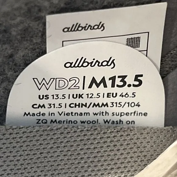 Allbirds Wool Dasher 2 Mizzle Running Shoes Sneakers Mens Sz 13.5 Dark Grey NWB