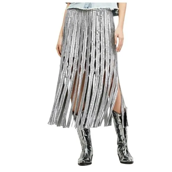 ALLSAINTS NWT $299 Grey Francesca embellished knit fringe Skirt XS