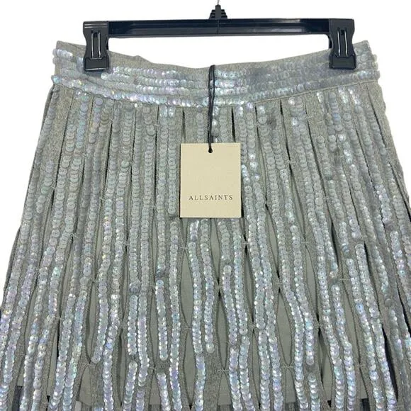 ALLSAINTS NWT $299 Grey Francesca embellished knit fringe Skirt XS
