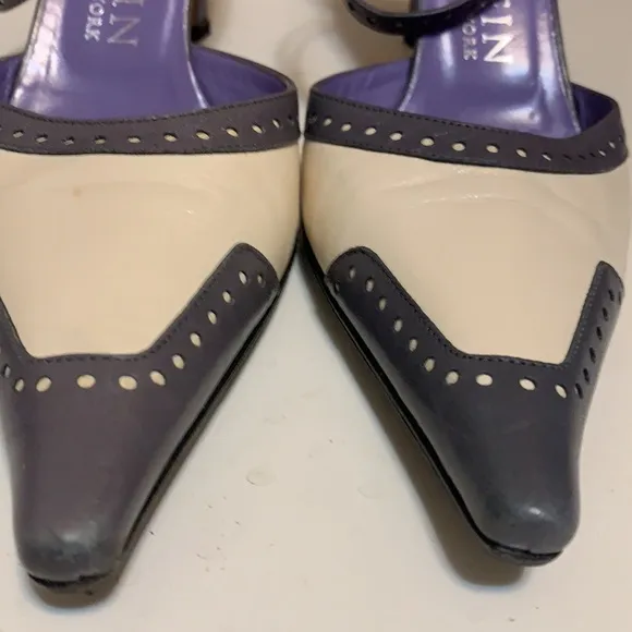 ANNE KLEIN LEATHER WINGTIP SPECTATOR HEELS PINUP LAVENDER &amp; WHITE SHOES SZ 6M