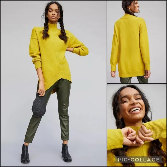 Anthro Maeve White Ribbed Mockneck High Low Sweater Tunic