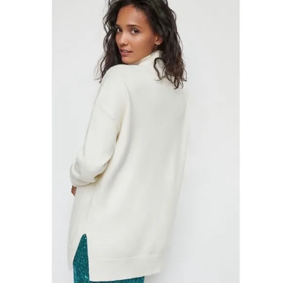 Anthro Maeve White Ribbed Mockneck High Low Sweater Tunic