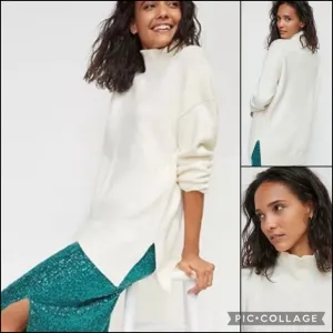 Anthro Maeve White Ribbed Mockneck High Low Sweater Tunic