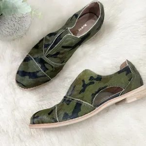 [Anthropologie] All Black Green Camo Calf Hair Leather Loafer Flat Shoes