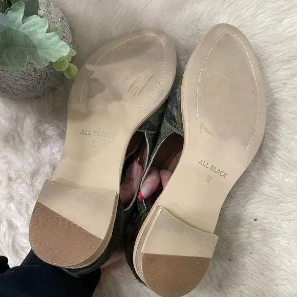 [Anthropologie] All Black Green Camo Calf Hair Leather Loafer Flat Shoes