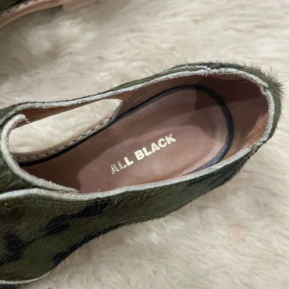 [Anthropologie] All Black Green Camo Calf Hair Leather Loafer Flat Shoes