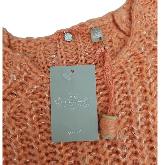 Anthropologie Peach Sweater Knit Sequins Sparkle Pullover Casual Women's S Nwt