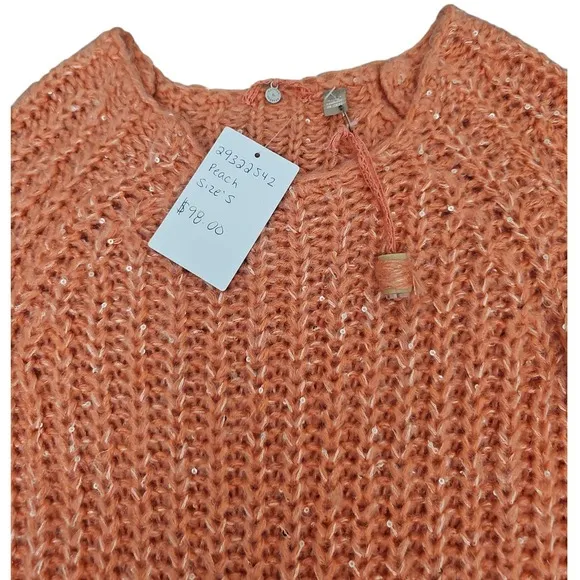 Anthropologie Peach Sweater Knit Sequins Sparkle Pullover Casual Women's S Nwt