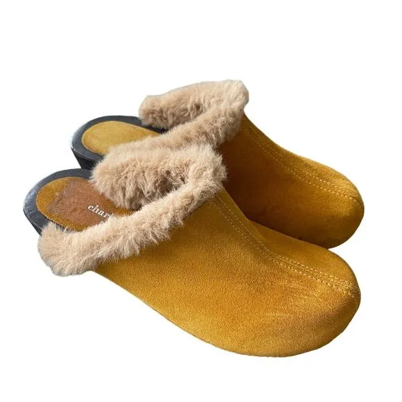Anthropologie x Charles David 7 Shearling Clogs Suede Fur Slip On Shoes Yellow