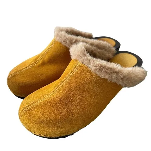 Anthropologie x Charles David 7 Shearling Clogs Suede Fur Slip On Shoes Yellow