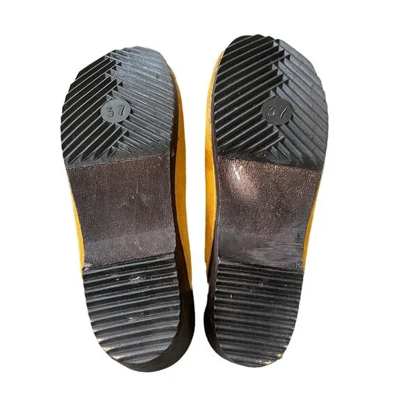 Anthropologie x Charles David 7 Shearling Clogs Suede Fur Slip On Shoes Yellow
