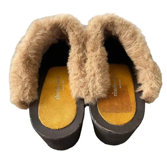 Anthropologie x Charles David 7 Shearling Clogs Suede Fur Slip On Shoes Yellow