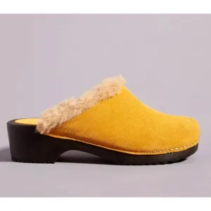 Anthropologie x Charles David 7 Shearling Clogs Suede Fur Slip On Shoes Yellow