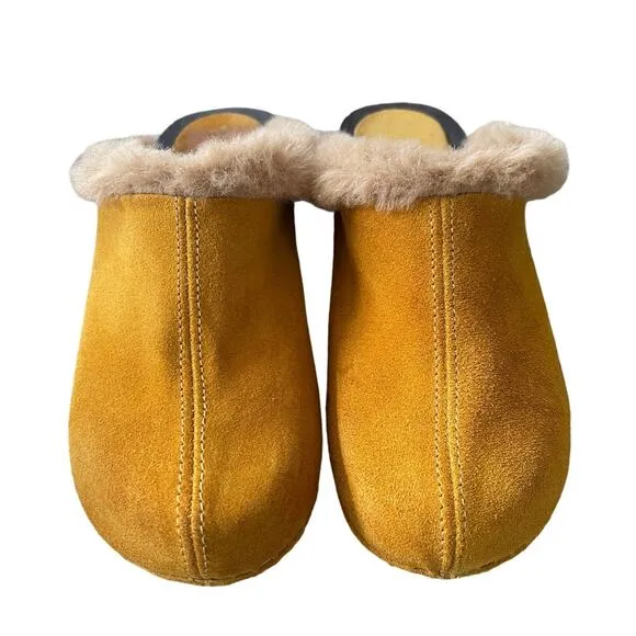 Anthropologie x Charles David 7 Shearling Clogs Suede Fur Slip On Shoes Yellow
