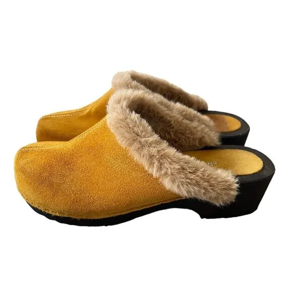 Anthropologie x Charles David 7 Shearling Clogs Suede Fur Slip On Shoes Yellow