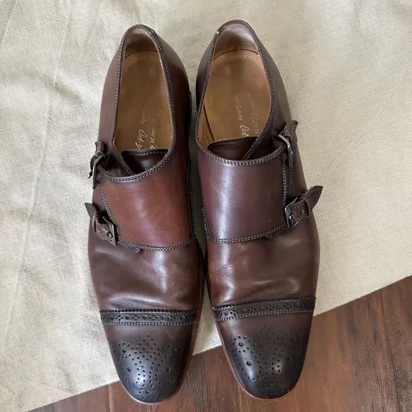 ANTONIO MAURIZI Cap Toe Double Monk Strap Shoes Cognac Leather Cognac