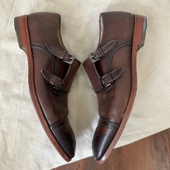 ANTONIO MAURIZI Cap Toe Double Monk Strap Shoes Cognac Leather Cognac