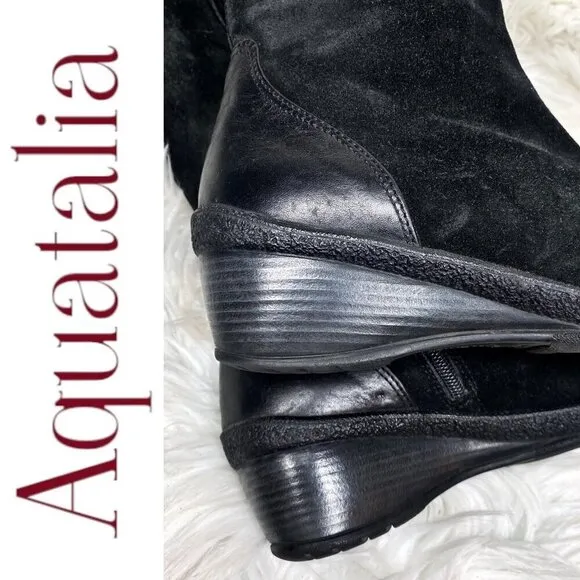 AQUATALIA BY MARVIN K Minnow Black Suede Wedge Knee High Boots, Size 6.5
