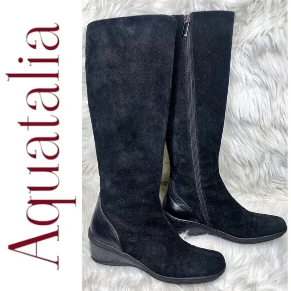 AQUATALIA BY MARVIN K Minnow Black Suede Wedge Knee High Boots, Size 6.5