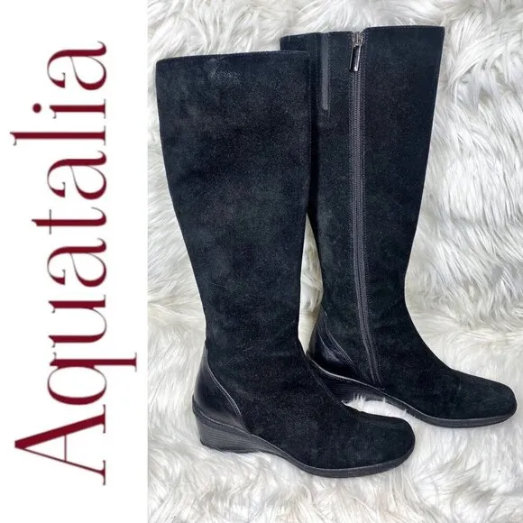 AQUATALIA BY MARVIN K Minnow Black Suede Wedge Knee High Boots, Size 6.5