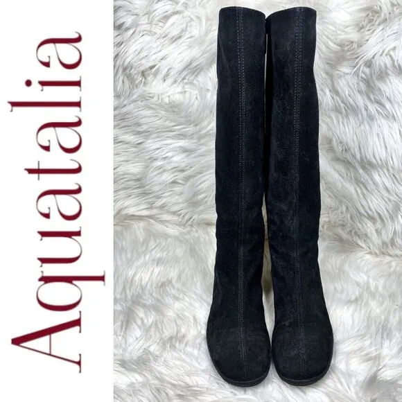 AQUATALIA BY MARVIN K Minnow Black Suede Wedge Knee High Boots, Size 6.5