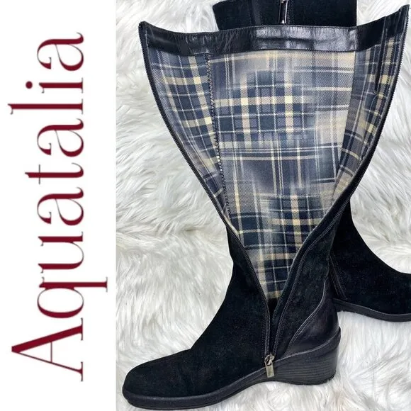 AQUATALIA BY MARVIN K Minnow Black Suede Wedge Knee High Boots, Size 6.5