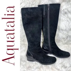 AQUATALIA BY MARVIN K Minnow Black Suede Wedge Knee High Boots, Size 6.5