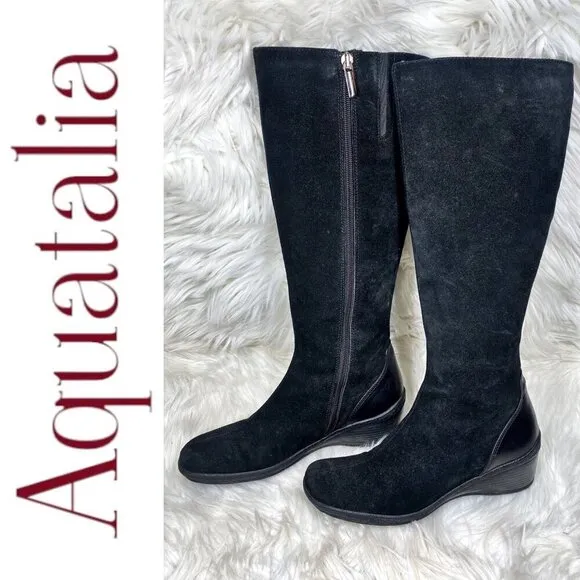 AQUATALIA BY MARVIN K Minnow Black Suede Wedge Knee High Boots, Size 6.5