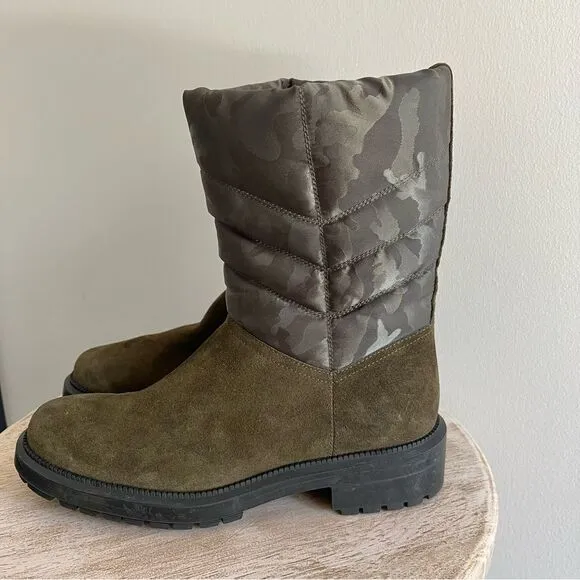 AQUATALIA Women's 6.5 Lori Boots Herb Olive Green Camouflage Suede Puffer NWOB