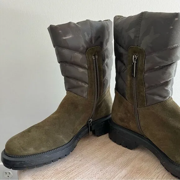 AQUATALIA Women's 6.5 Lori Boots Herb Olive Green Camouflage Suede Puffer NWOB