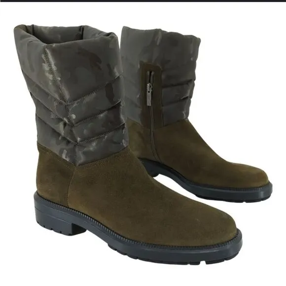 AQUATALIA Women's 6.5 Lori Boots Herb Olive Green Camouflage Suede Puffer NWOB