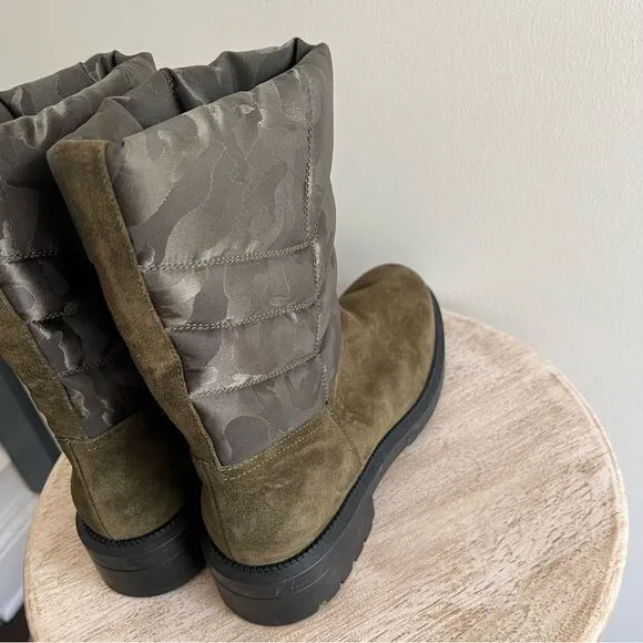 AQUATALIA Women's 6.5 Lori Boots Herb Olive Green Camouflage Suede Puffer NWOB