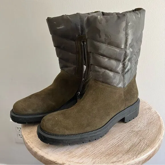 AQUATALIA Women's 6.5 Lori Boots Herb Olive Green Camouflage Suede Puffer NWOB