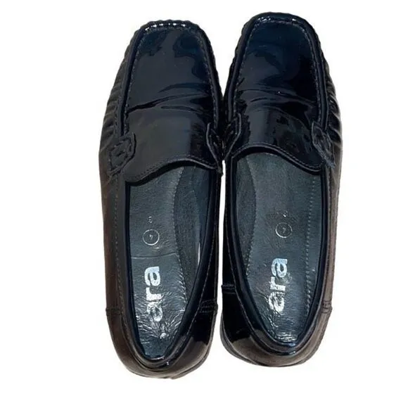Ara Womens Patent Leather Square Toe Slip-On Loafer Flat Shoes Black Size 6.5