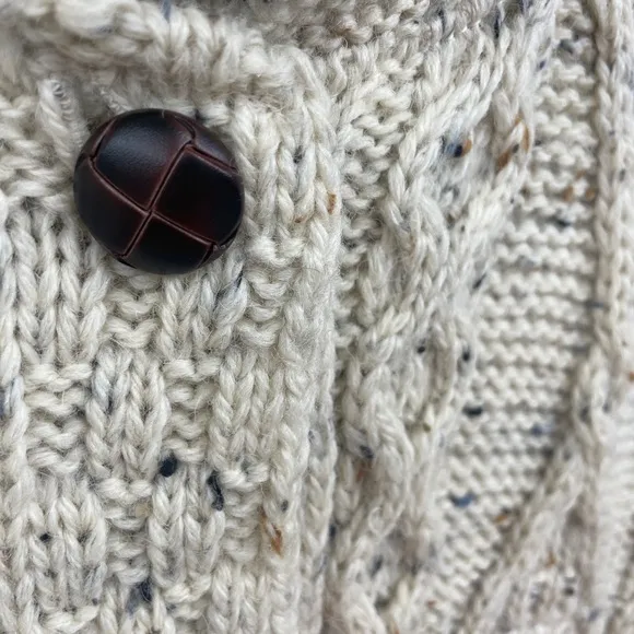 Aran Crafts Wool Sweater Cable Knit High Collar Button Large Beige Wool Ireland