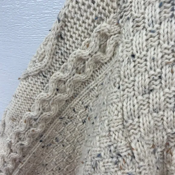 Aran Crafts Wool Sweater Cable Knit High Collar Button Large Beige Wool Ireland