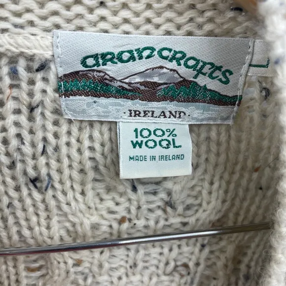 Aran Crafts Wool Sweater Cable Knit High Collar Button Large Beige Wool Ireland