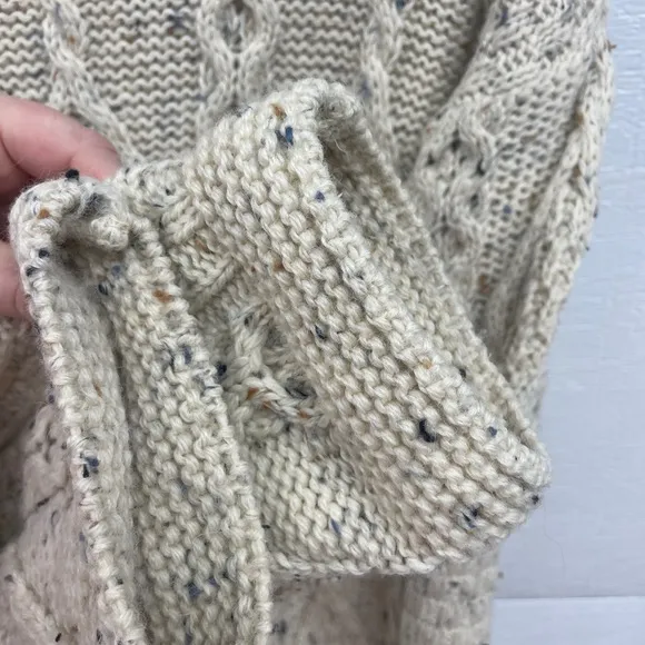 Aran Crafts Wool Sweater Cable Knit High Collar Button Large Beige Wool Ireland