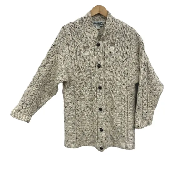 Aran Crafts Wool Sweater Cable Knit High Collar Button Large Beige Wool Ireland