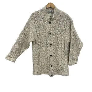 Aran Crafts Wool Sweater Cable Knit High Collar Button Large Beige Wool Ireland