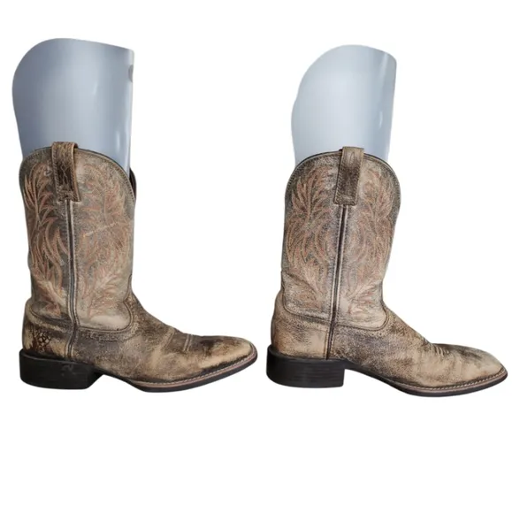 Ariat Western Cowboy Wide Square Toe Boots Sport, Distressed Brown Men's Sz 8D