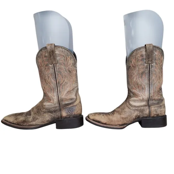 Ariat Western Cowboy Wide Square Toe Boots Sport, Distressed Brown Men's Sz 8D