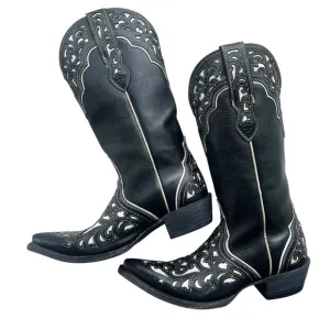 ARIAT Women 6.5B Black Whit Presidio Leather Cutout Design Cowgirl Boot 10008747