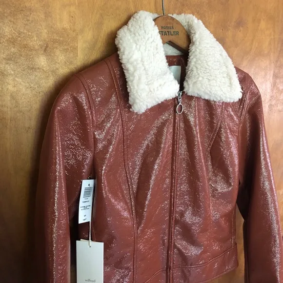 Aritzia Wilfred Tempest Aviator Jacket Genuine Brown NWT Vegan Sherpa Vinyl Y2K