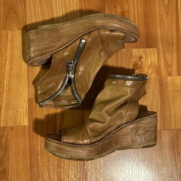A.S.98 Naylor Tiger Leather Platform Wedge Peep Toe Zipper Detail Boots