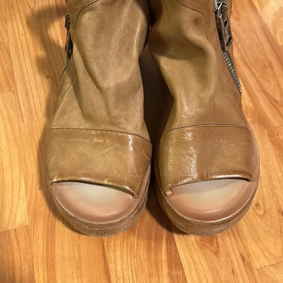 A.S.98 Naylor Tiger Leather Platform Wedge Peep Toe Zipper Detail Boots