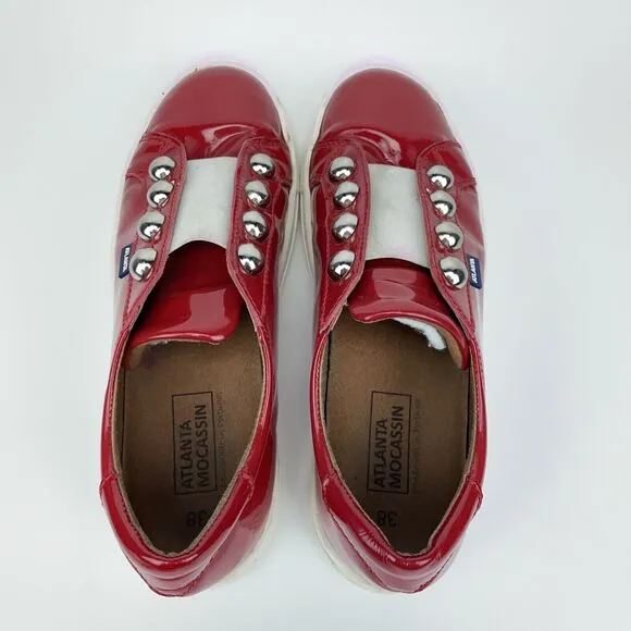 Atlanta Mocassin Womens 38 / 7.5 Slip On Red Patten Leather Flat Moccasin Shoes